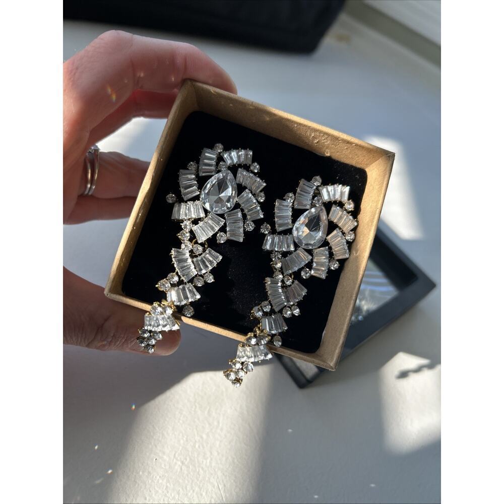 Pageant Prom Earrings Large Rhinestone Crystal Silver Clear Lot Drag Chandelier - Picture 9 of 13